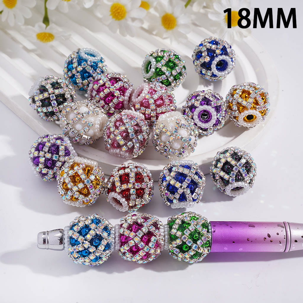 Acrylic Beads with Gridding Shaped AB Rhinestones and Metallic Color Balls, White Pearl Chains, 18MM, Random Mix