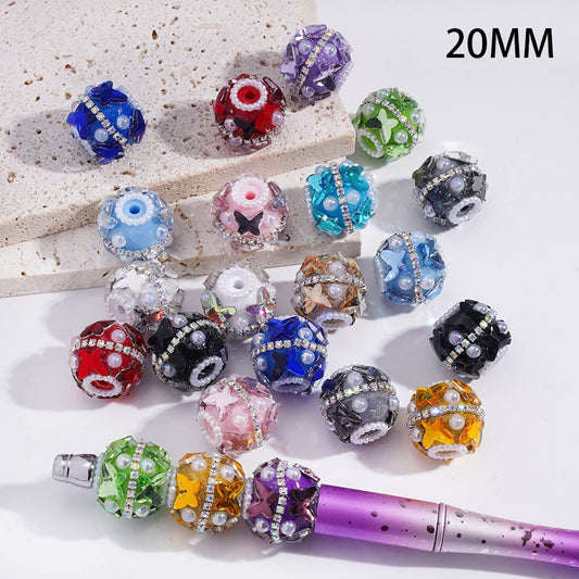 Acrylic Beads with Butterfly Rhinestones and AB Rhinestone Chains, White Pearls, 20MM, Random Mix
