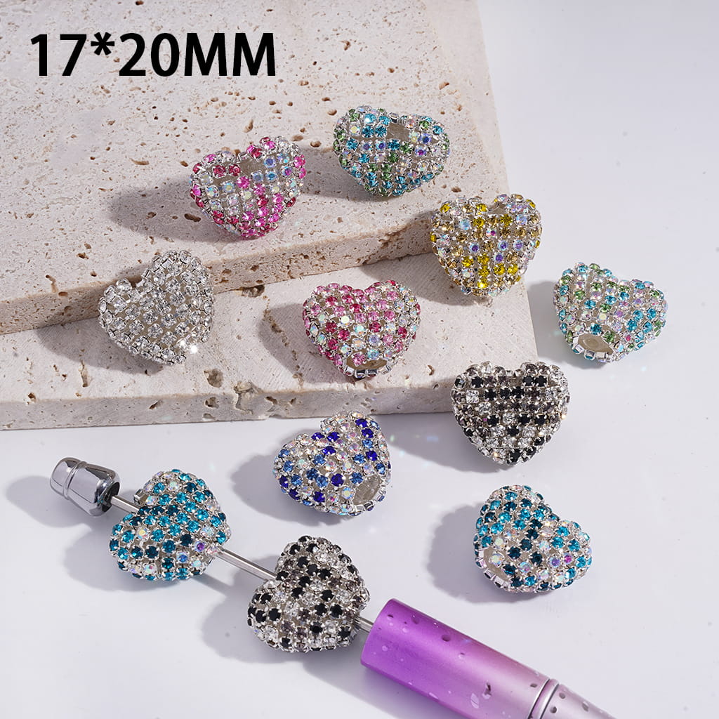 Acrylic Beads Heart Shape with Bling Bling Rhinestone Chains, 17*20MM, Multi-Color, Random Mix