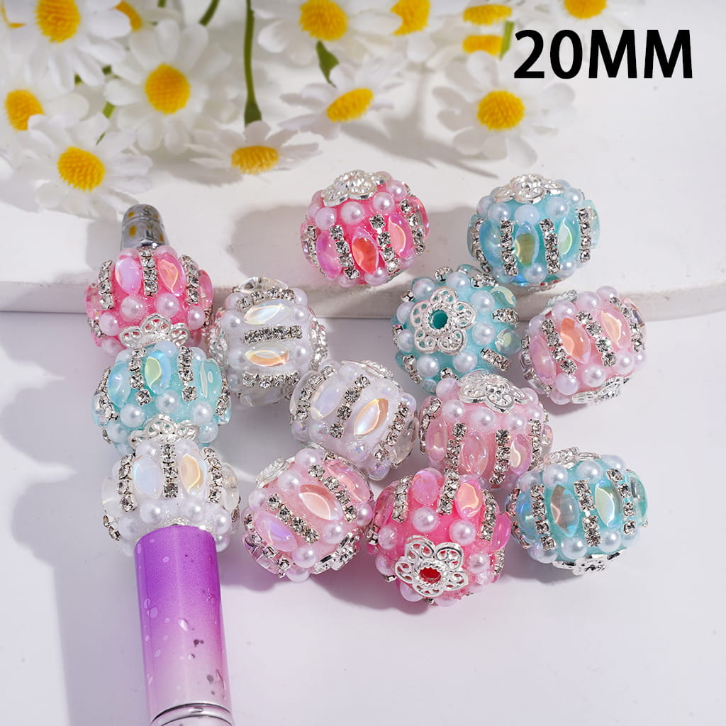 Acrylic Beads with Marquise Cut Rhinestones & Clear Rhinestone Chains, Alloy Flower and White Pearl, 20MM, Random Mix