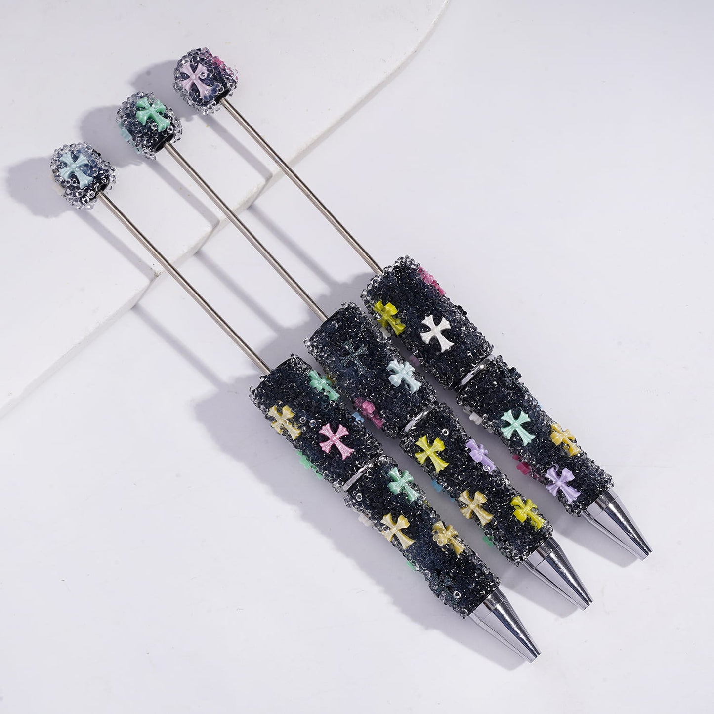 Sugar Beadable Pens With Shiny Cross and Clear Rhinestones Covered the Entire Pen