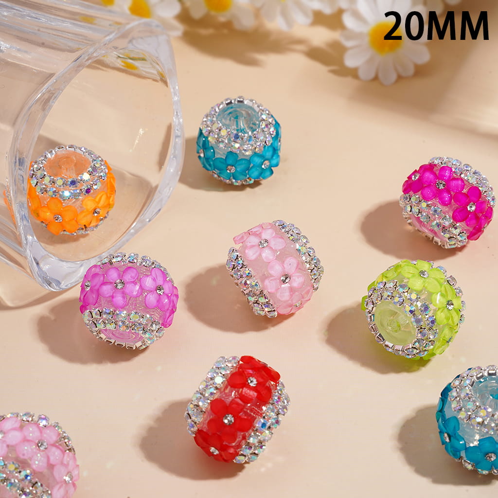 Handcrafted Acrylic Beads with Glittery Flowers and Double Layer AB Rhinestone Chains, Neon Colors, 20MM, Random Mix
