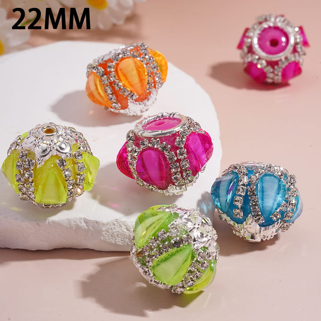 Handmade Acrylic Beads w Silver Alloy Six Pointed Flower & Round Ring on Both Base Sides, w Drop Water & Clear Rhinestone Chains, Neon Colors, 22MM, Random Mix