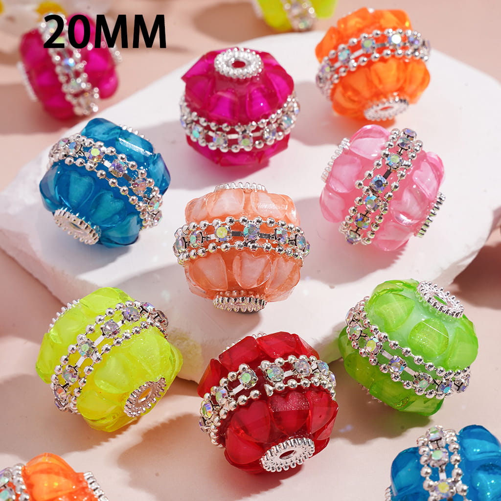 Handcrafted Acrylic Beads w Silver Alloy Round Base on Both Sides, w Heart & AB Rhinestone Chains, Fluorescent Colors, 20MM, Random Mix