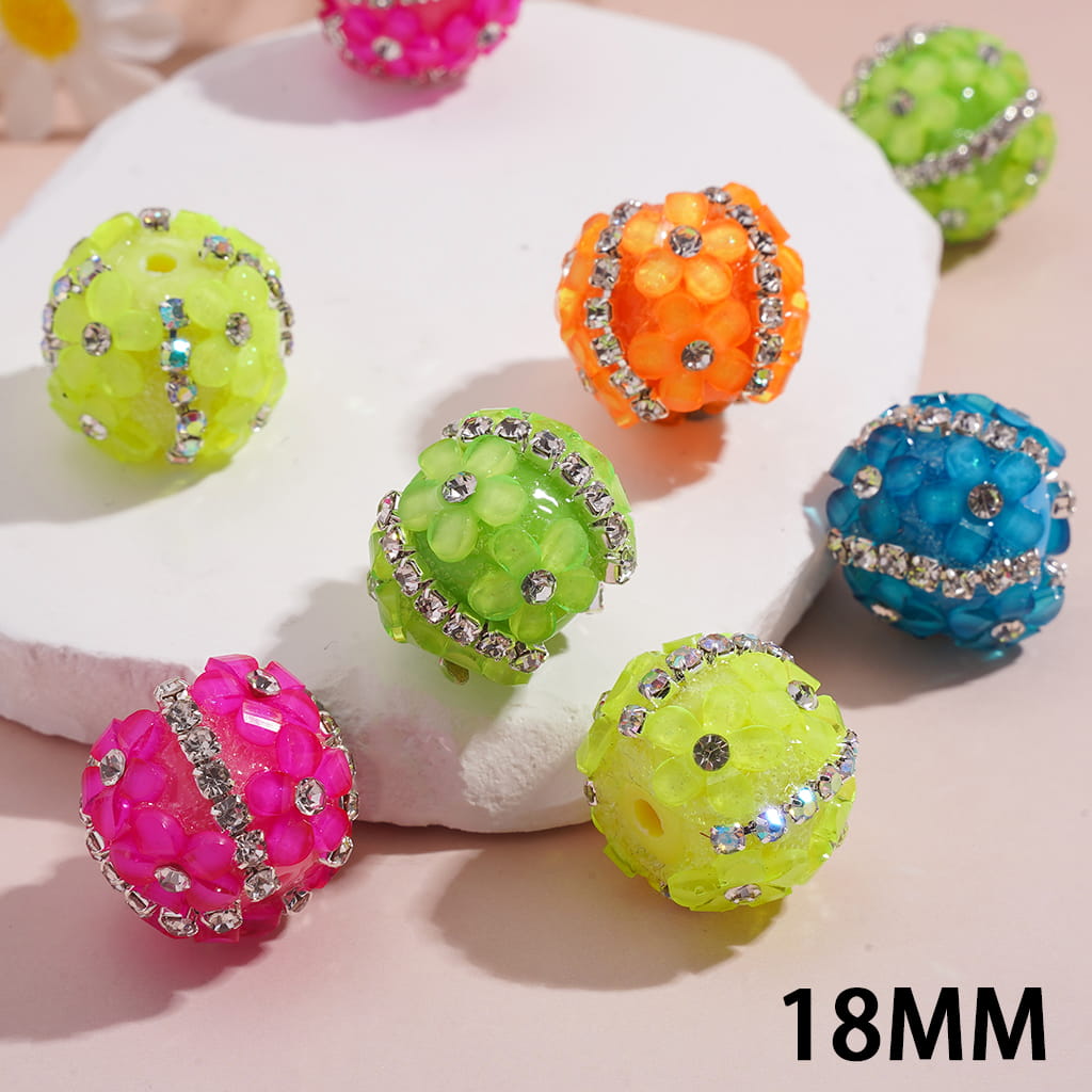 Hand-Made Acrylic Beads with Five-Petaled Flowers and Clear Rhinestone Chains, Fluorescence Colors, 18MM, Random Mix
