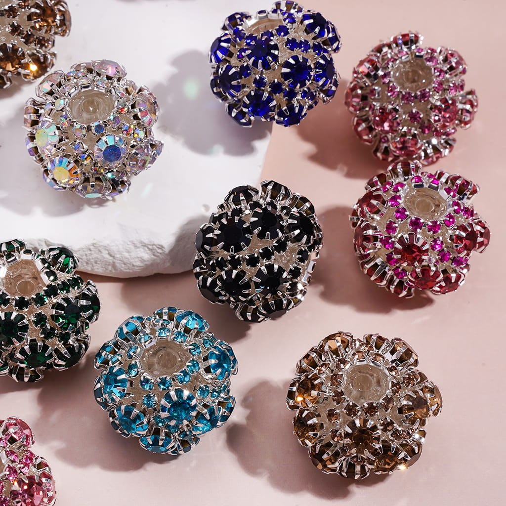 Handmade Acrylic Beads with Multi-Color Rhinestones in Silver Alloy Claw Setting, Around 22MM, Random Mix