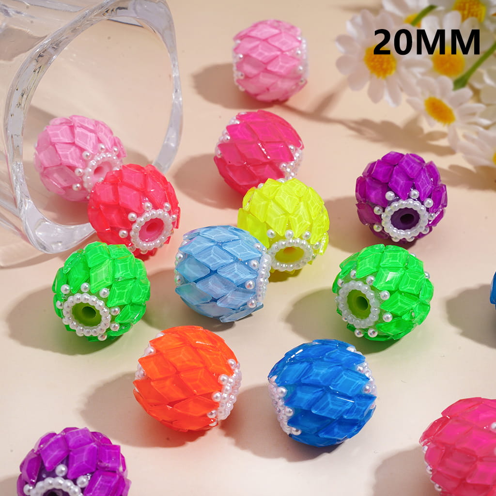 Handcrafted Acrylic Beads with Rhombus Rhinestones and White Pearl Chains, Fluorescent Color, 20MM, Random Mix