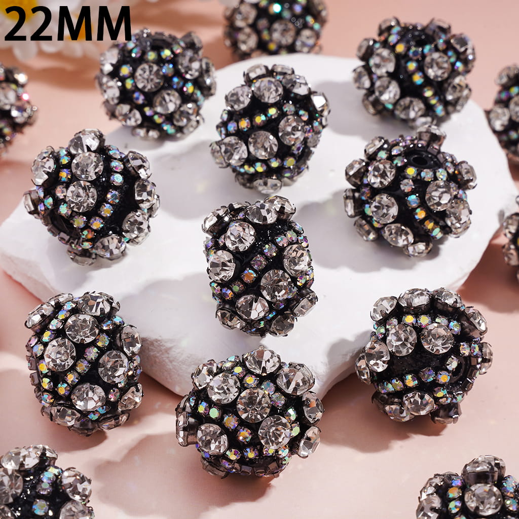 Hand-Made Acrylic Beads with Dazzling Clear Diamond and AB Rhinestone Chains on Black Base, 22MM