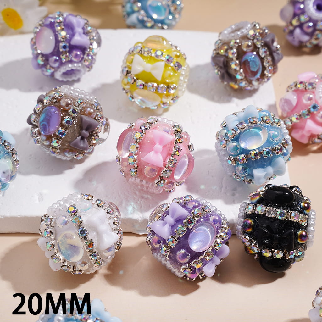 Handmade Acrylic Beads w Bowtie & Oval Rhinestones & UV Coating Half-Shell Pearls, AB Rhinestone & White Pearl Chains, 20MM, Random Mix