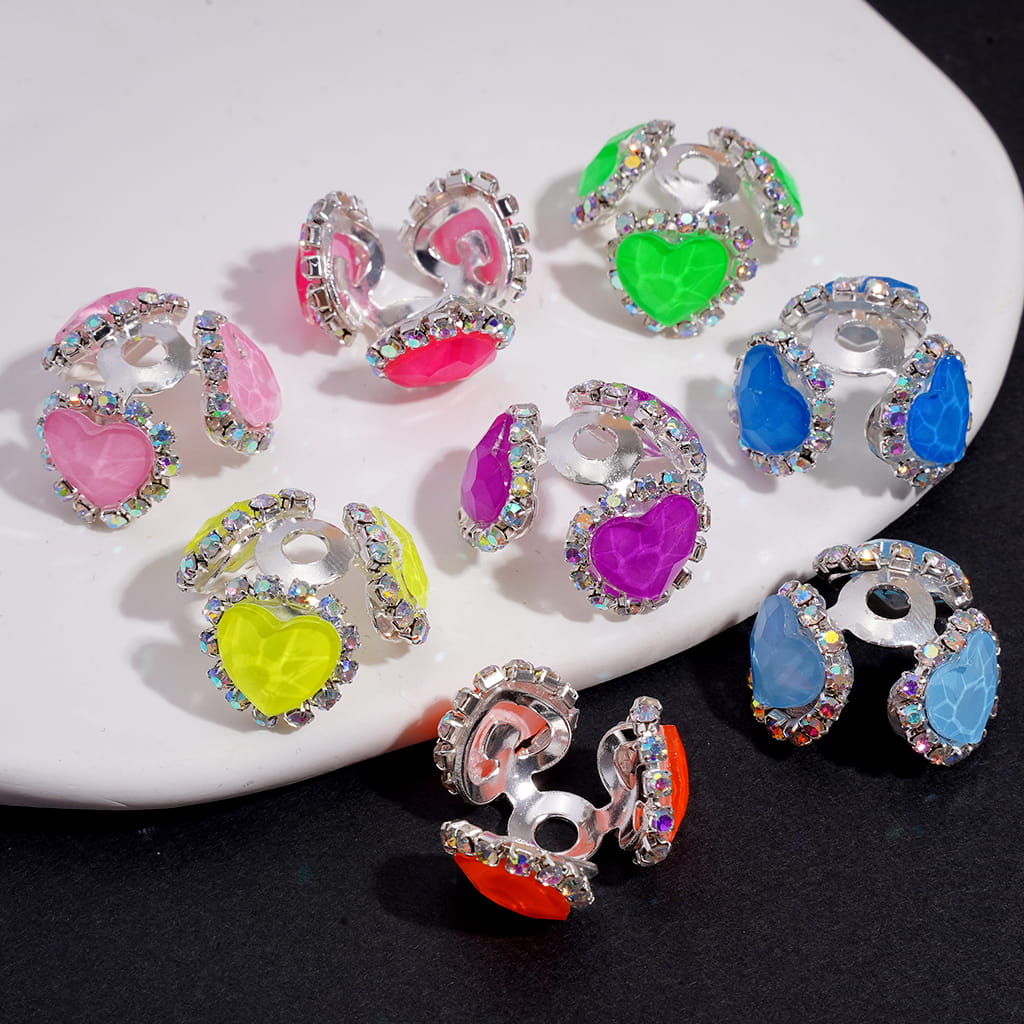 Handcrafted Fancy Bead Cages with Heart Rhinestones and AB Rhinestone Chains, Silver Bead Cap,  Neon Colors (They Fit 16MM Beads)