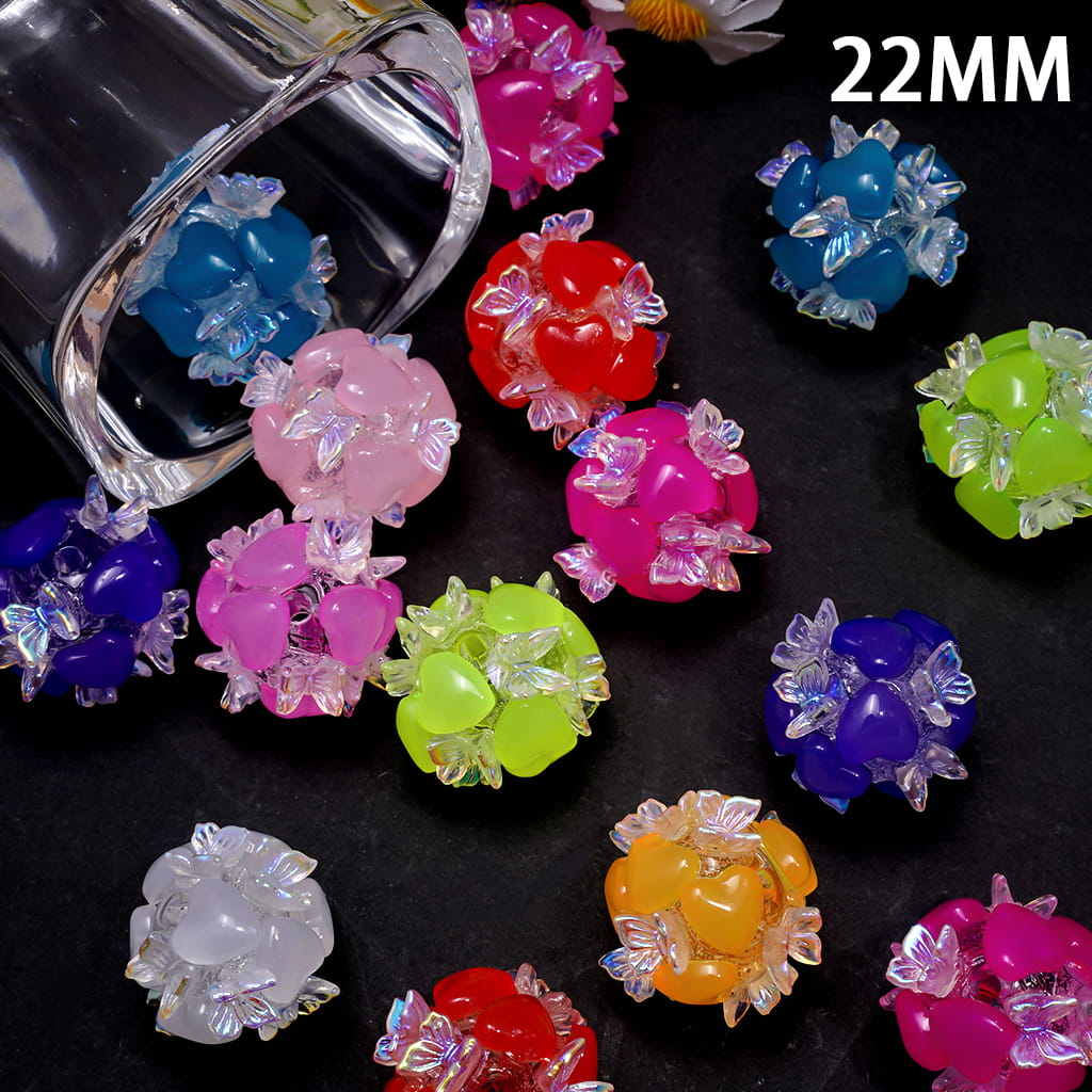 Handmade Acrylic Beads with Neon Hearts and UV Coating Butterflies, 22MM, Random Mix