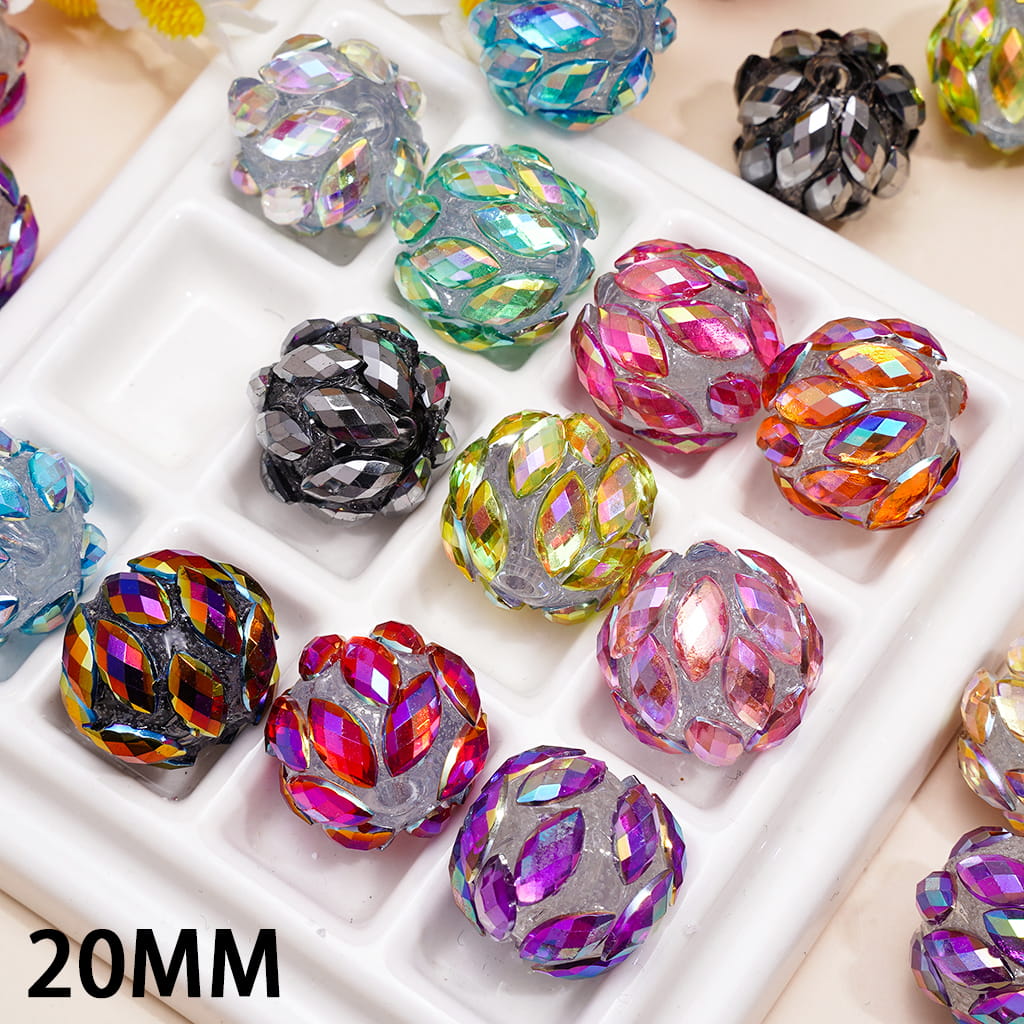 Handcrafted Acrylic Beads with Dazzling Salix Leaf Rhinestones, 20MM, Random Mix