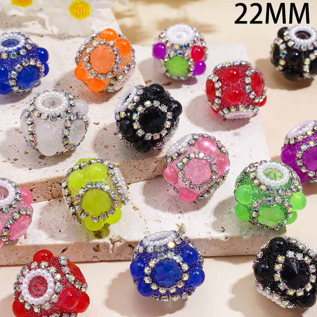 Handcrafted Acrylic Beads w Flowers and Half-Shell Round Rhinestones, Gun Black Alloy Chains w AB Rhinestones, 22MM, Neon, Random Mix