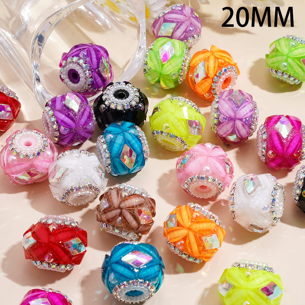Handmade Acrylic Beads w Four Leaves & Iridescent Diamond Shaped Rhinestones, UV Coating Half Face Pearls, AB Rhinestone & White Pearl Chains, 20MM, Neon, Random Mix