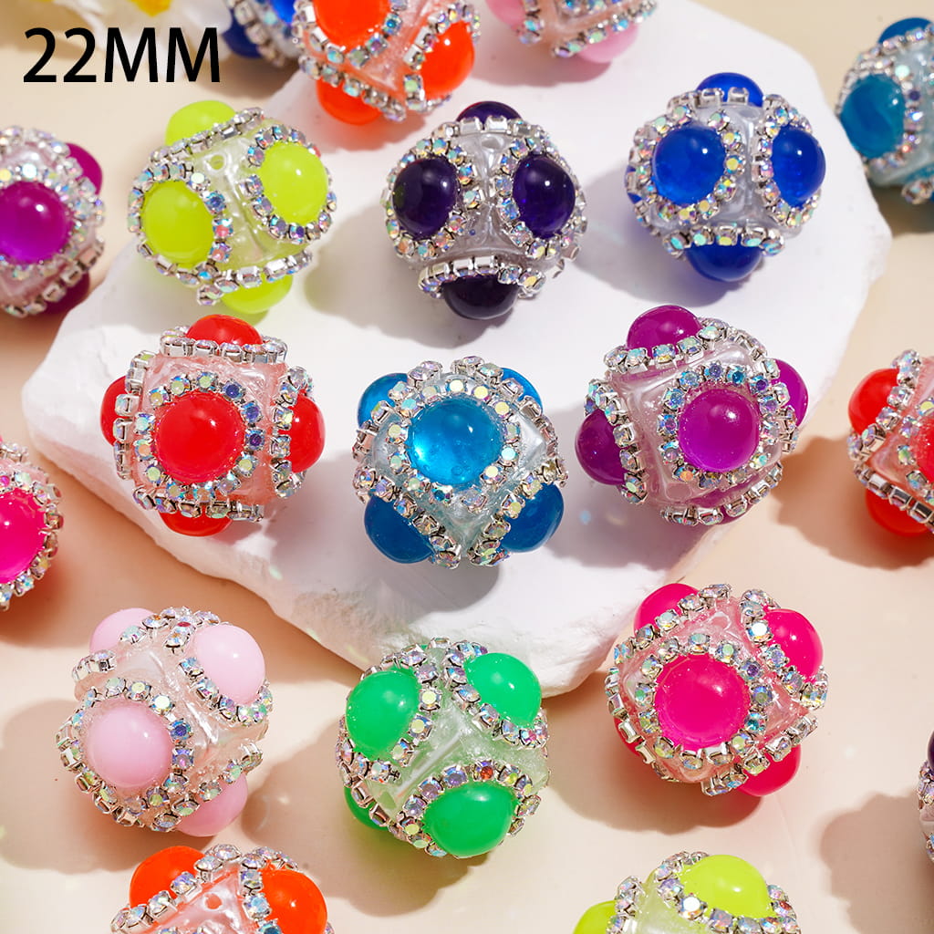Hand-Made Cube Square Shape Acrylic Beads with Half Faced Round Rhinestones & AB Rhinestone Chains, 22MM, Fluorescence, Random Mix
