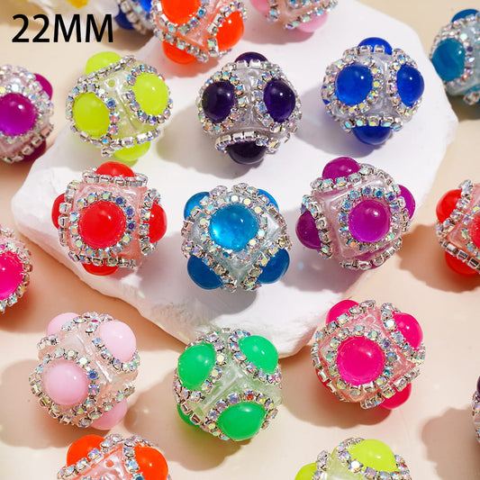 Hand-Made Cube Square Shape Acrylic Beads with Half Faced Round Rhinestones & AB Rhinestone Chains, 22MM, Fluorescence, Random Mix
