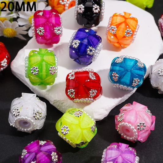 Hand-Made Acrylic Beads with Shiny Heart & Leaf Shaped Rhinestones, Silver Metal Flowers & White Pearl Chains, Neon, 20MM, Random Mix