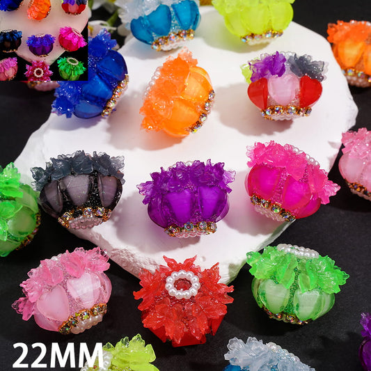 Handmade Acrylic Beads with Glittery Hearts & Luminous Butterflies, Gold Alloy Chains w AB Rhinestones & White Pearl Loop, Fluorescent, 22MM, Random Mix