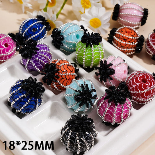Handcrafted Halloween Acrylic Beads with Spider Web Texture & Black Spider on Both Side, Silver Alloy Chains, 18*25MM, Random Mix