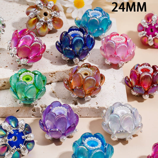Hand-Made Lotus Acrylic Beads w UV Coated Shell Petal, Silver Metal Chains w Clear Rhinestones & White Pearls, 24MM, Random Mix