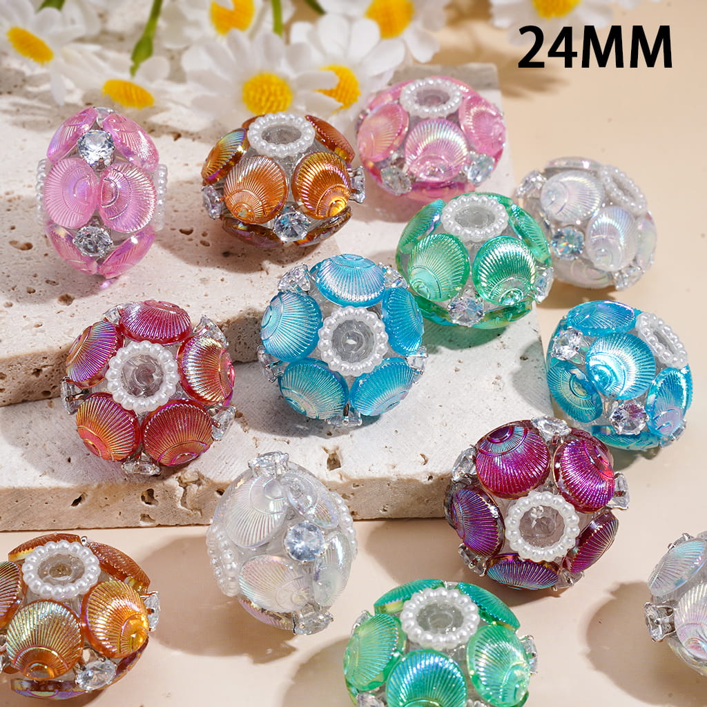 Hand-Made Flying Saucer Acrylic Beads w Round Seashell and White Pearl Chains, Silver Alloy Claw Setting w Clear Rhinestones, 24MM, Random Mix
