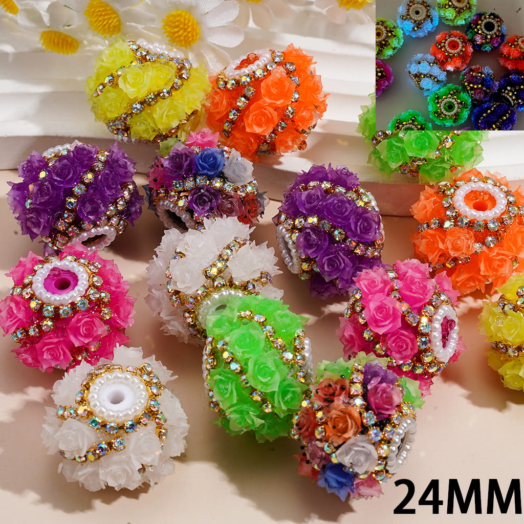 Handcrafted Acrylic Beads w  Luminous Soft Rose Flowers & AB Rhinestone Chains & White Pearl Loop Neon Colors 24MM Random Mix