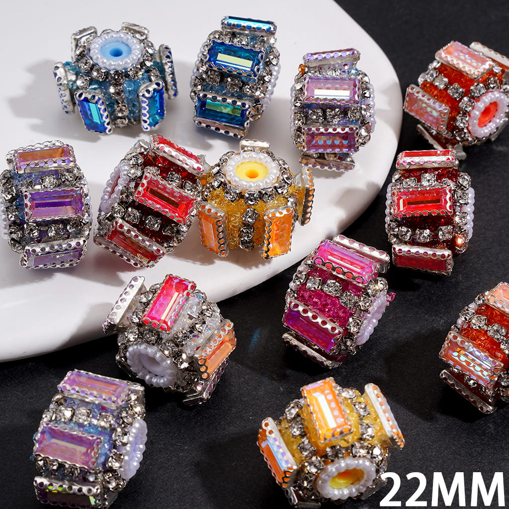 Handmade Acrylic Sugar Beads Silver Metal Claw Setting w Clear Rectangle Rhinestones & White Pearl Loop 22MM Random Mix