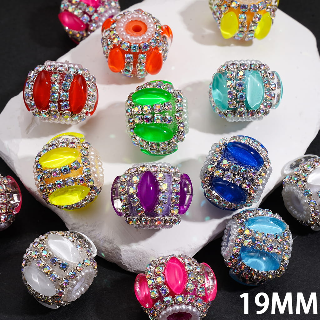 Hand Made Acrylic Beads w Marquise AB Rhinestone & White Pearl Chains, Fluorescence Colors 19MM Random Mix