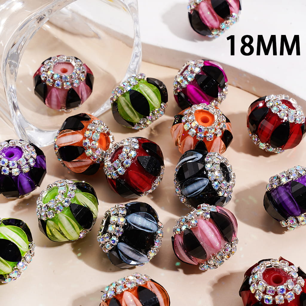 Handmade Pumpkin Acrylic Beads w Double Colors Leaf & AB Rhinestone Chains Halloween Theme 18MM Random Mix