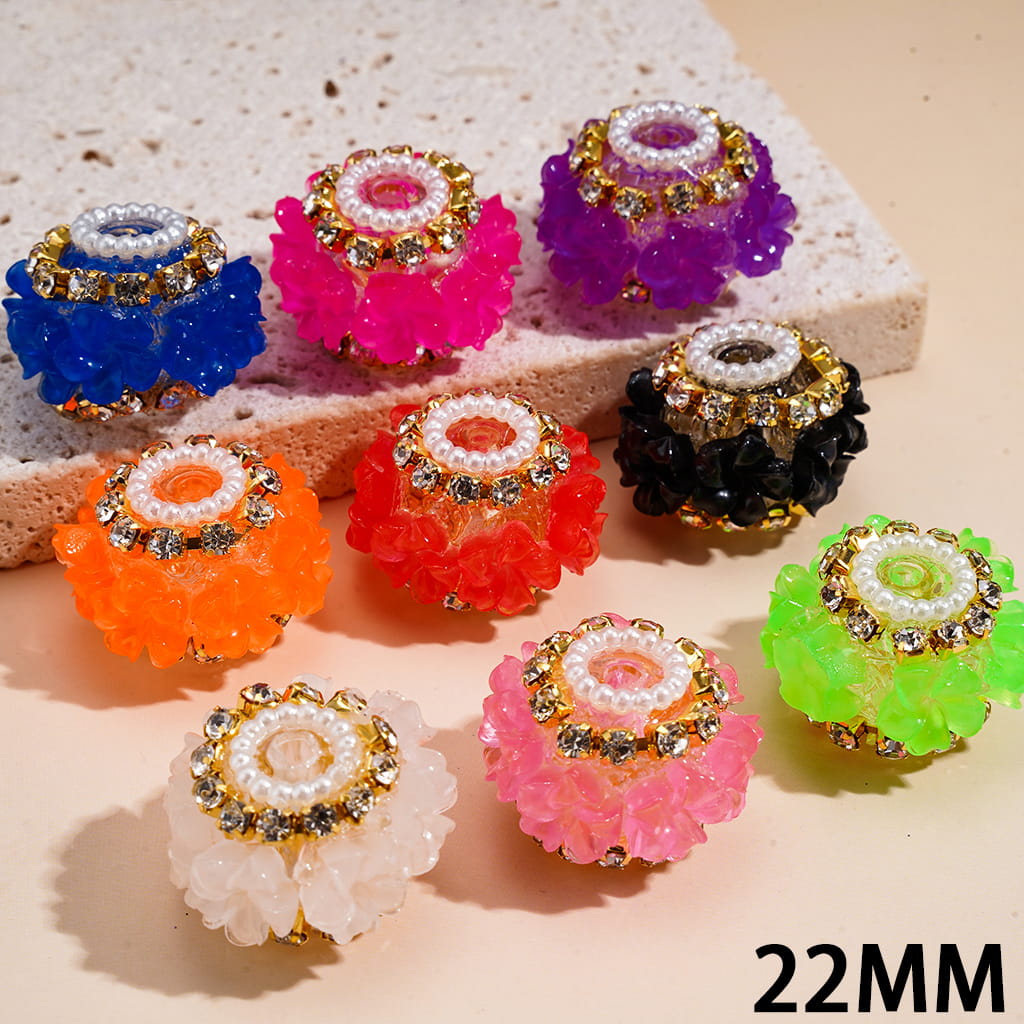Hand-Made Acrylic Beads w Fluorescent Five Petal Flower, Gold AB Rhinestone Chain & Translucent, 22MM, Random Mix