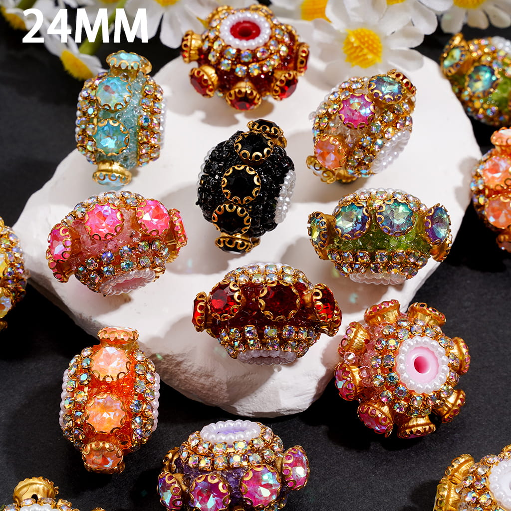 Hand-Made Acrylic Beads w UFO Shaped Colored Rhinestones, Gold Metal Clasp Chain & AB Rhinestone Accents, 24MM, Random Mix