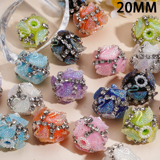 Hand-Made Sugar Acrylic Beads with Swan Design, Clear Rhinestone Chain and White Pearl, 20MM, Random Mix