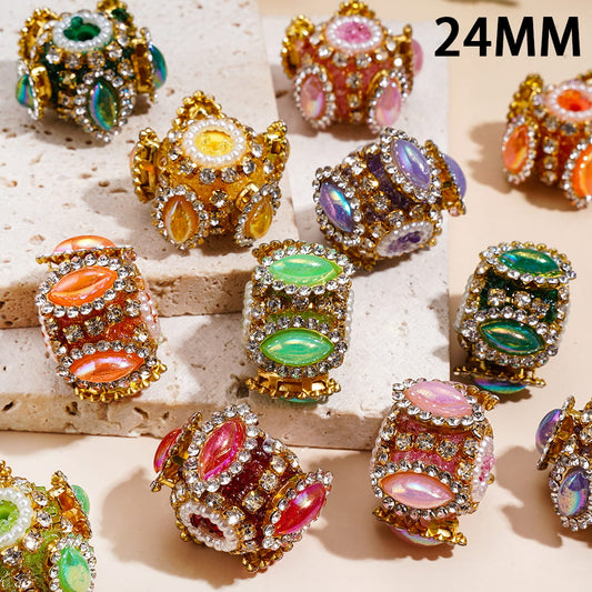 Hand-Made Sugar Acrylic Beads w Marquise Cut Rhinestones, Gold Metal Clasp & White Pearl Chain, 24MM, Random Mix
