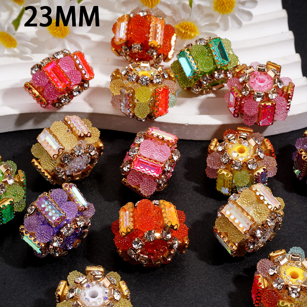 Hand-Made Sugar Acrylic Beads w Rectangular Clear Rhinestones, Gold Metal Clasp & Frosted Crystal, 23MM, Random Mix