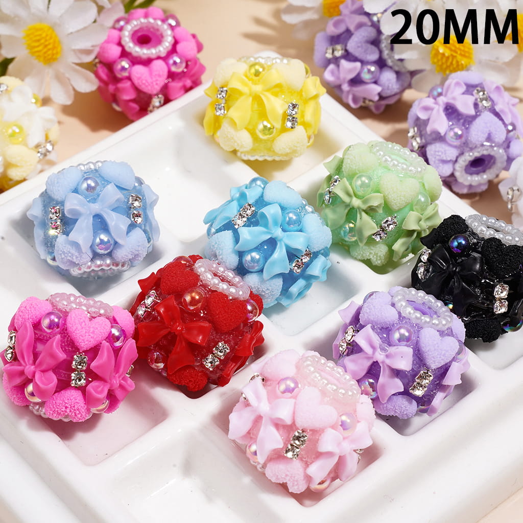 Hand-Made Acrylic Beads with Heart and Bow, Clear Rhinestones and White Pearl Chain, 20MM, Random Mix