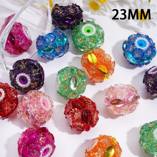 Hand-Made Sugar Acrylic Beads w Gold Foil Flower & White Pearl Chain, 23MM, Random Mix