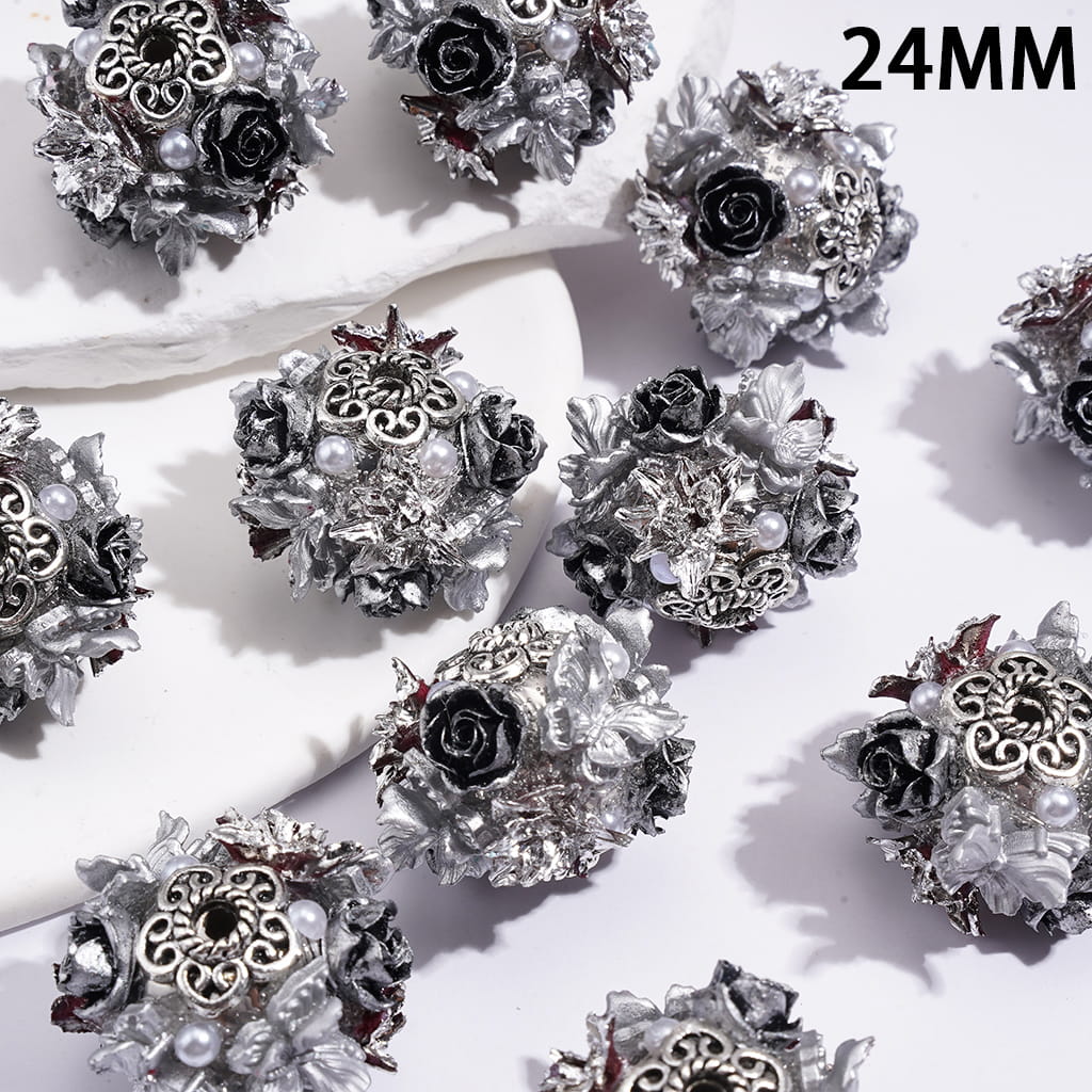 Handmade Acrylic Beads Featuring Black Rose & Sliver Gray Butterfly Flowers, Silver Floral Metal Cap, Half Pearl, 24MM