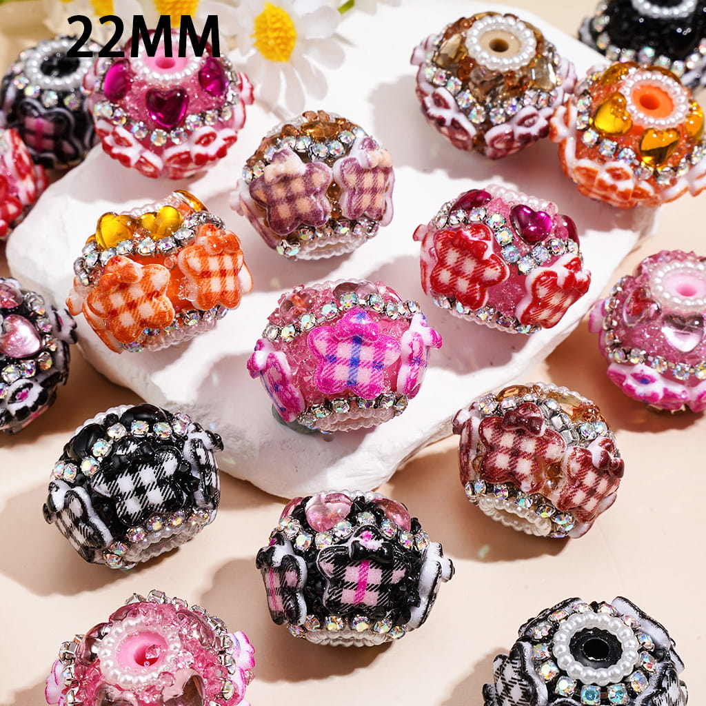 Hand-Made Acrylic Beads w Plaid Stars, AB Rhinestone & White Pearl Chains, 22MM, Random Mix