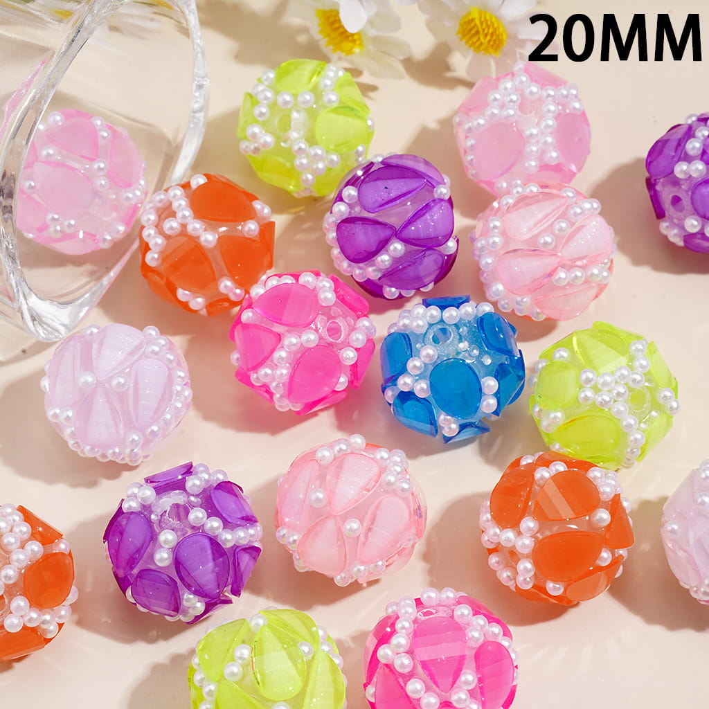 Hand-Made Acrylic Beads with Water Drop Rhinestones and White Pearls, 20MM, Random Mix