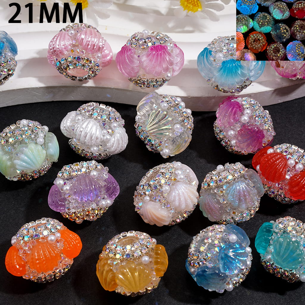 Hand-Made Sugar Acrylic Beads w Luminous Sea Shell Design, AB Rhinestone Chain & White Pearls, 21MM, Random Mix