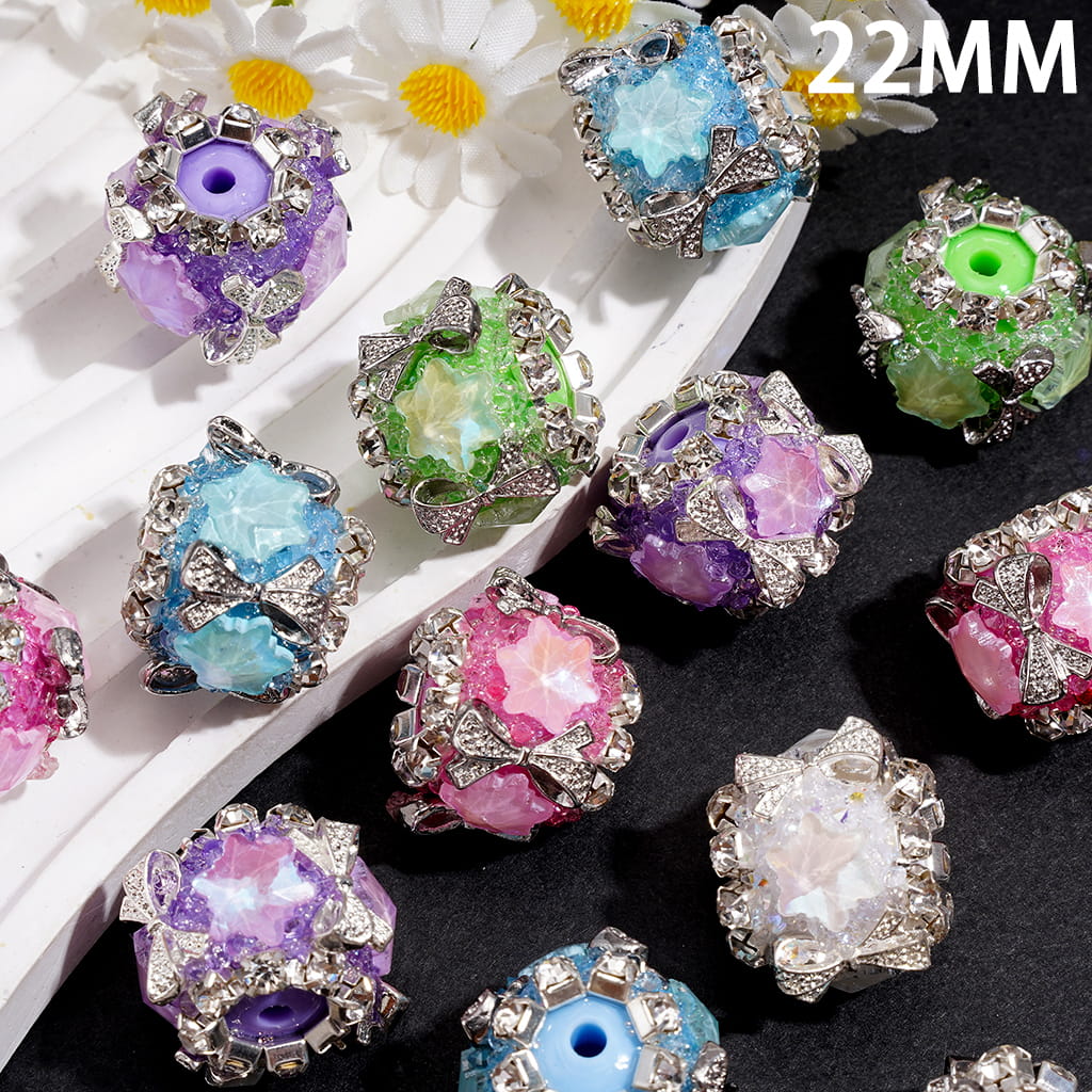 Hand-Made Sugar Acrylic Beads w Snowflake, Silver Metal Bow & Clear Rhinestone Chain, 22MM, Random Mix