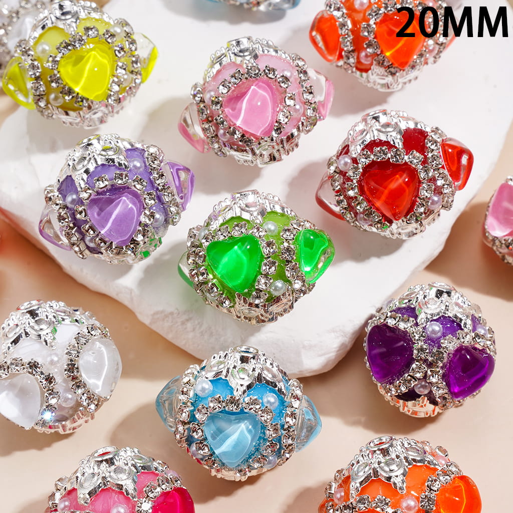 Hand-Made Sugar Acrylic Beads w Heart Rhinestones, Silver Metal Base, Clear Rhinestones & White Pearl, Neon, 20MM, Random Mix