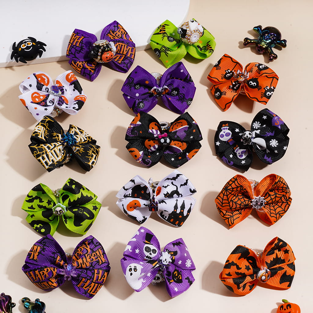 Handmade Acrylic Beads w Halloween Fabric Bow & Spooky Trim, AB Rhinestone & White Pearl Chains, Random Mix