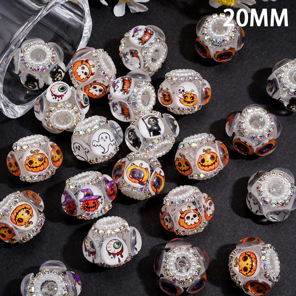 Handmade Acrylic Beads w Halloween Spooky Printed Clear Rhinestones, AB Rhinestone & White Pearl Chains, 20MM, Random Mix