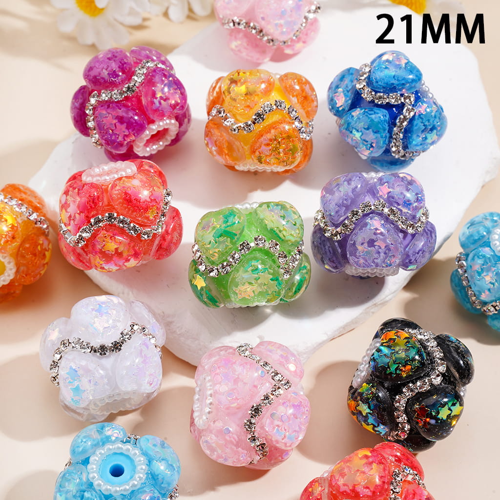 Hand-Made Acrylic Beads w Star Sequin Heart Rhinestone, Wavy Shaped Clear Rhinestone & White Pearl Chains, 21MM, Random Mix