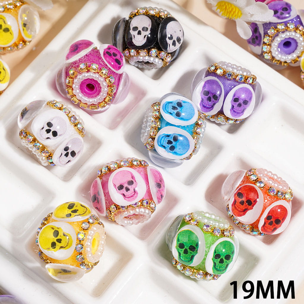 Handmade Acrylic Beads w Halloween Skull Printed Rhinestones, AB Rhinestone & White Pearl Chains, 19MM,Random Mix