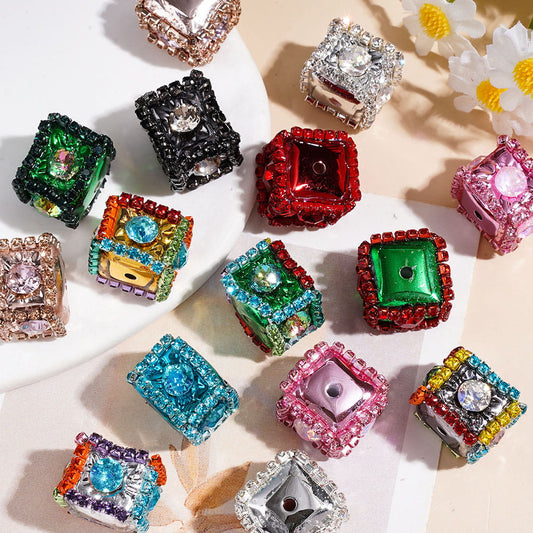 Handmade Metallic Colors Cube Acrylic Beads w Clear Rhinestones Chains & Big Rhinestones, Around 14*18MM, Multi-Colors, Random Mix