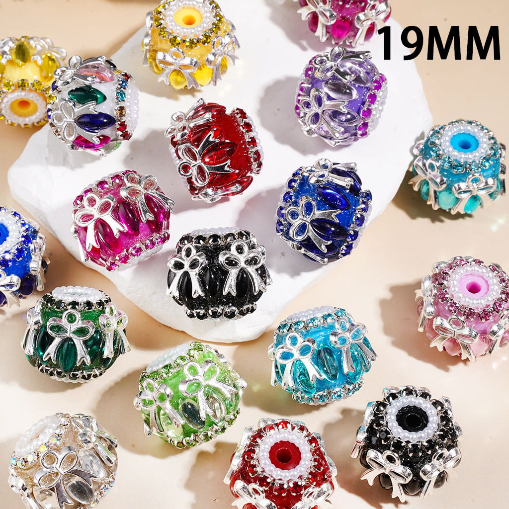 Handmade Acrylic Beads w Marquise Cut Rhinestones & Alloy Bowknot, Rhinestone & White Pearl Chains, 19MM Multi-Colors Random Mix