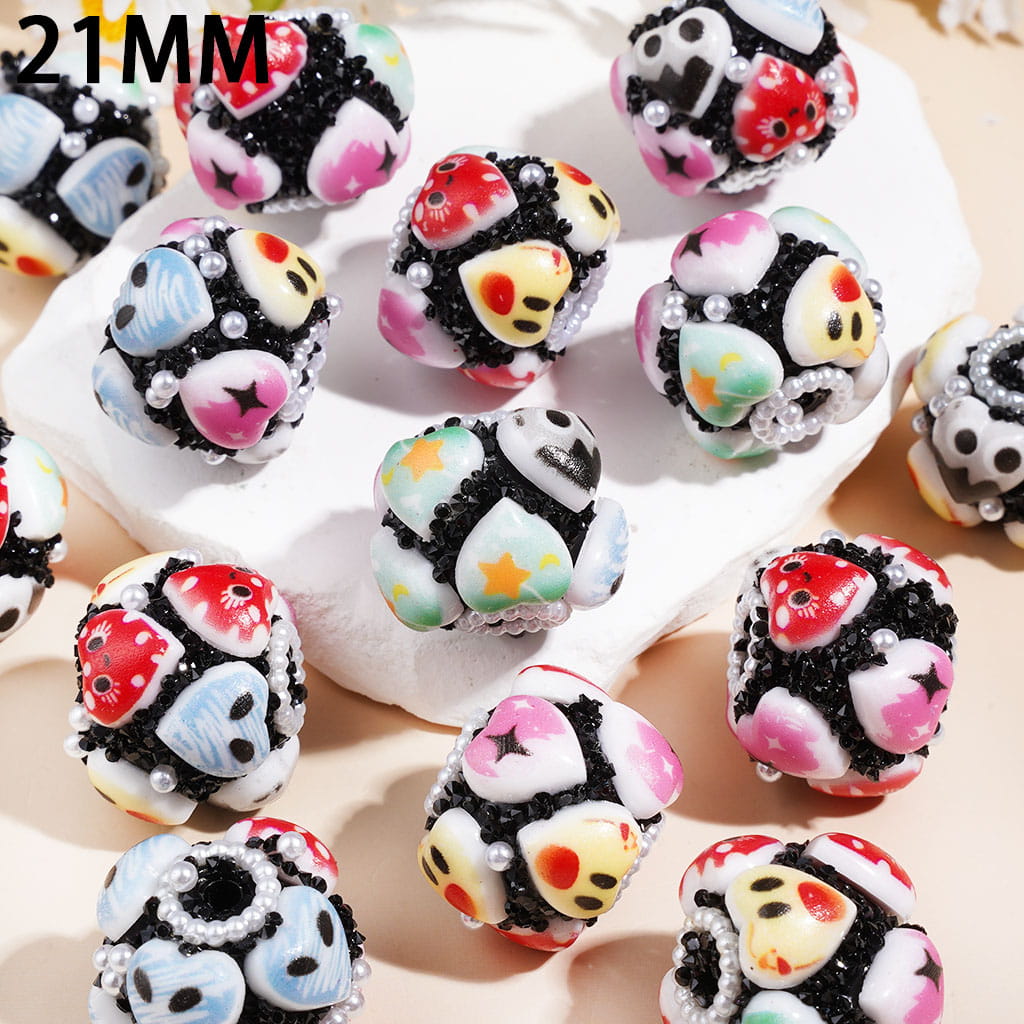 Hand-Made Acrylic Sugar Beads Heart Series, Black Cone Shaped Rhinestones & White Pearl Chains, 21MM