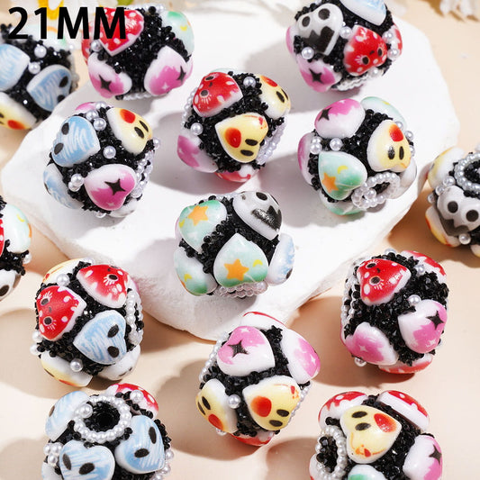 Hand-Made Acrylic Sugar Beads Heart Series, Black Cone Shaped Rhinestones & White Pearl Chains, 21MM